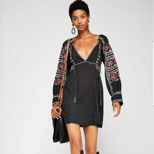 Boho Embroidered Black Mini Dress with Tassel Tie